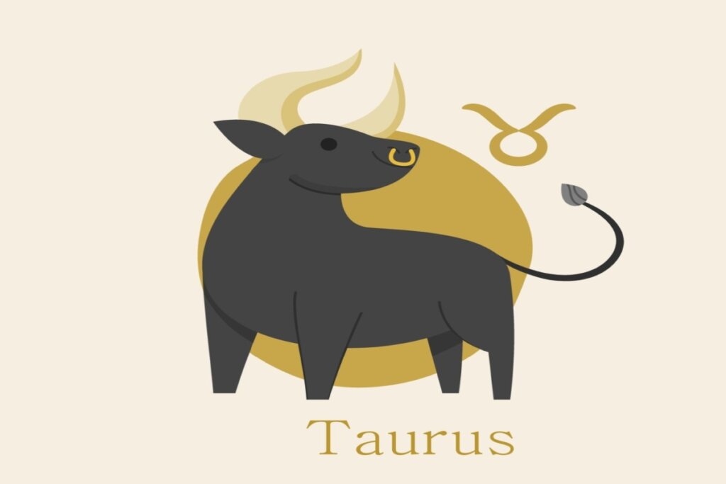 ilustração de um touro preto sobre círculo amarelo representando o signo de touro. símbolo e nome do signo em volta