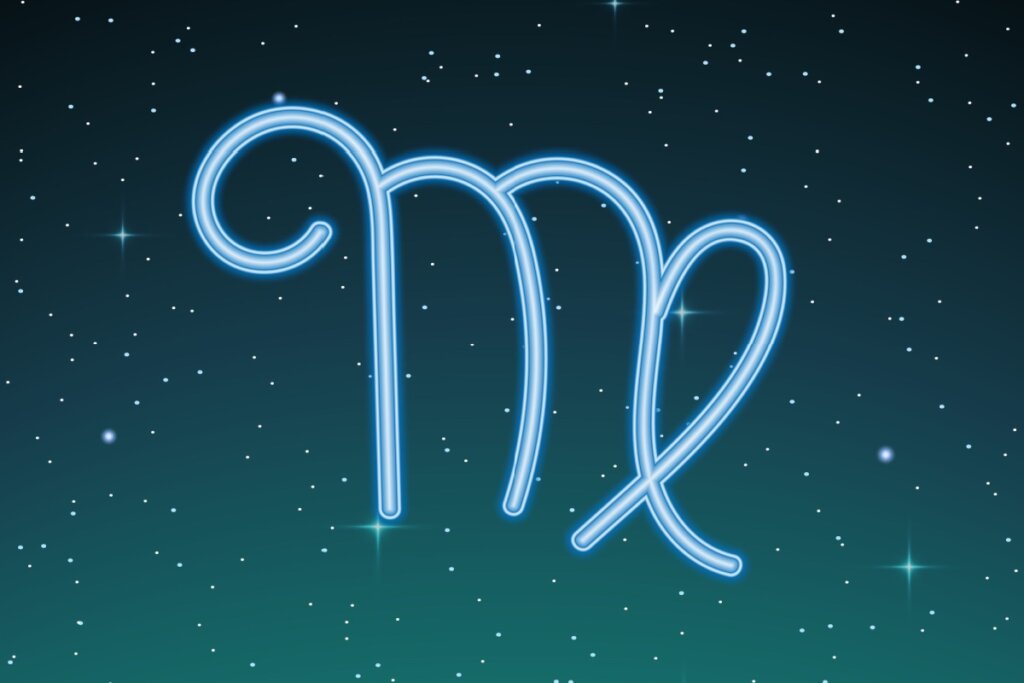 ilustração azul do símbolo de virgem sobre fundo esverdeado com estrelas