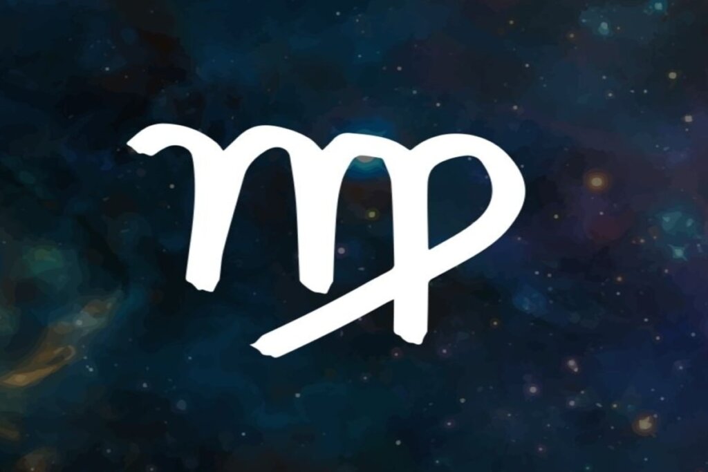 Ilustração branca do símbolo do signo de virgem sobre fundo de galáxia com estrelas