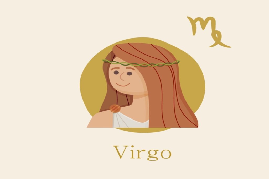 ilustração de uma mulher sobre círculo amarelo representando o signo de virgem. símbolo e nome do signo em volta