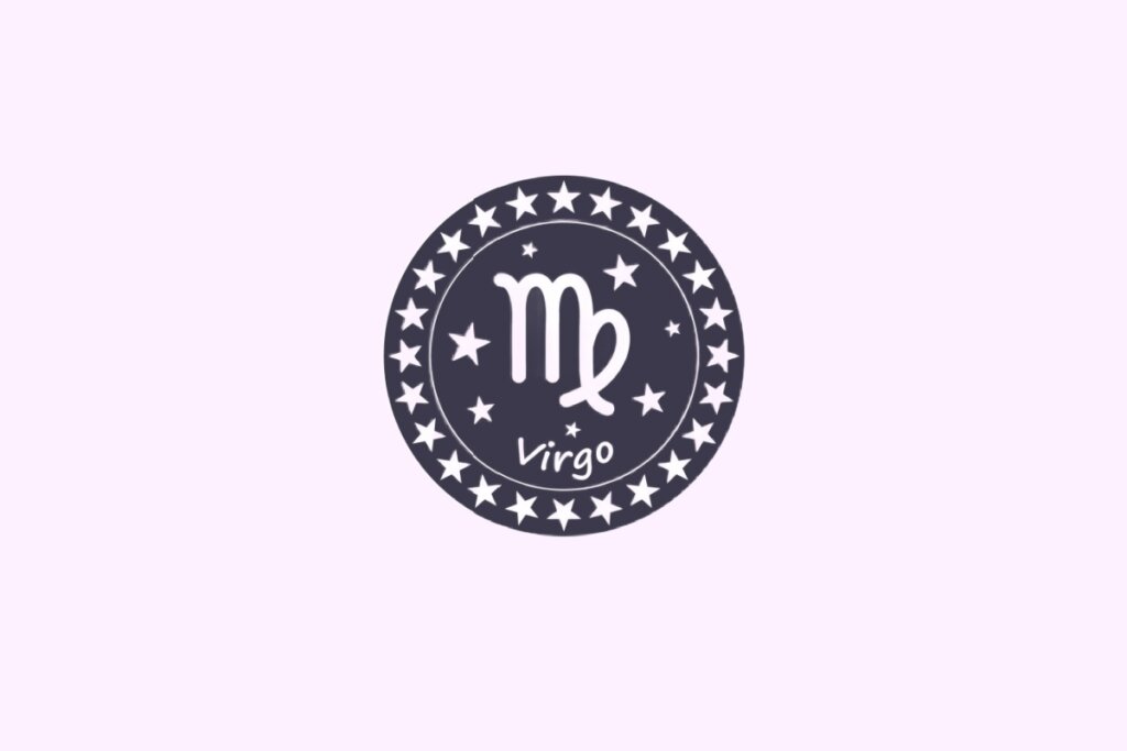 Ilustração do signo de Virgem, contendo o símbolo em forma de letra “M” com traço curvo no centro de um círculo com estrelas, em fundo com tom rosa-claro