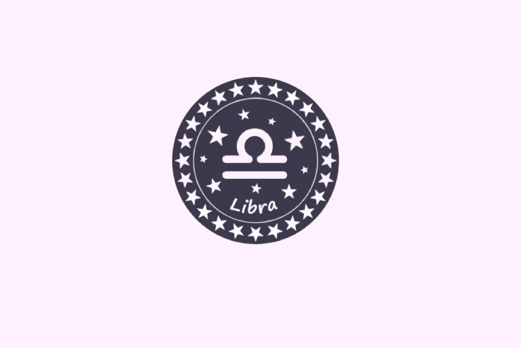 Ilustração do signo de Libra, contendo o símbolo de uma linha curva sobre uma linha reta no centro de um círculo com estrelas, em fundo com tom rosa-claro
