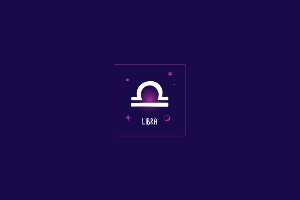 Ilustração do signo de libra, em um fundo azul-escuro, rodeado por estrelas rosa e um quadrado da mesma cor