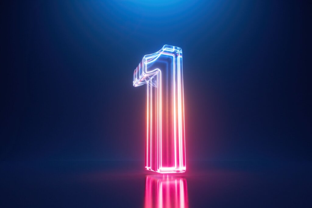 Ilustração do número 1 em tons de rosa, laranja e azul em fundo preto